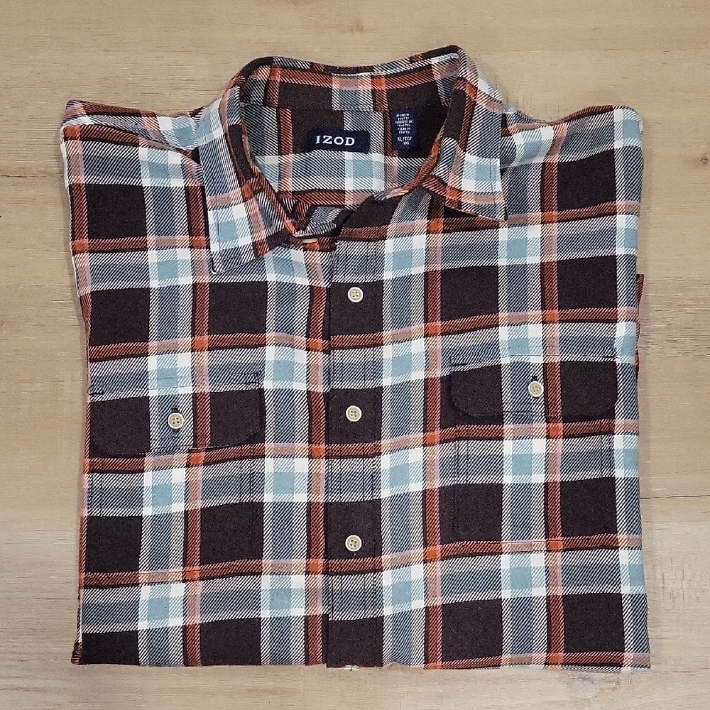 Izod Men’s Brown, Cream & Orange Plaid Button-Down Shirt